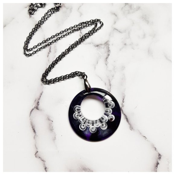 Googly Eye Pendant Necklace Purple and Black Halloween Large Open Circle - Picture 3 of 10